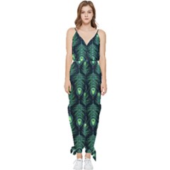 Peacock Pattern Sleeveless Tie Ankle Chiffon Jumpsuit