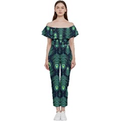 Peacock Pattern Bardot Ruffle jumpsuit