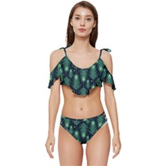 Peacock Pattern Ruffle Edge Tie Up Bikini Set	