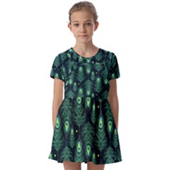 Peacock Pattern Kids  Short Sleeve Pinafore Style Dress