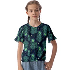 Peacock Pattern Kids  Cuff Sleeve Scrunch Bottom T-Shirt