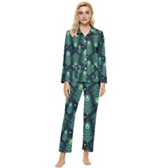 Peacock Pattern Womens  Long Sleeve Velvet Pocket Pajamas Set