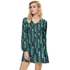 Peacock Pattern Tiered Long Sleeve Mini Dress