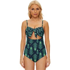 Peacock Pattern Knot Front One-Piece Swimsuit