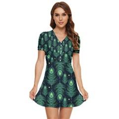 Peacock Pattern V-Neck High Waist Chiffon Mini Dress