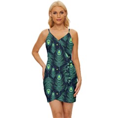 Peacock Pattern Wrap Tie Front Dress