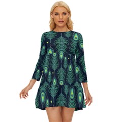 Peacock Pattern Long Sleeve Babydoll Dress