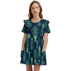 Peacock Pattern Kids  Frilly Sleeves Pocket Dress