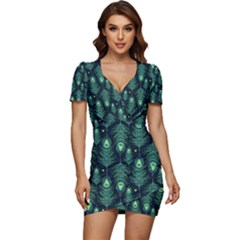 Peacock Pattern Low Cut Cap Sleeve Mini Dress