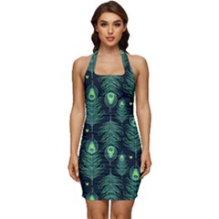 Peacock Pattern Sleeveless Wide Square Neckline Ruched Bodycon Dress