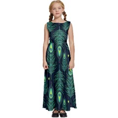 Peacock Pattern Kids  Satin Sleeveless Maxi Dress