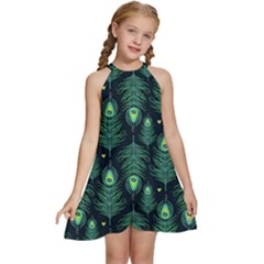 Peacock Pattern Kids  Halter Collar Waist Tie Chiffon Dress