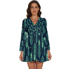 Peacock Pattern Long Sleeve V-Neck Chiffon Dress 