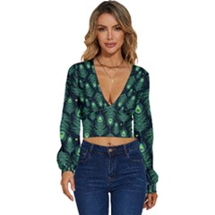 Peacock Pattern Long Sleeve Deep-V Velour Top