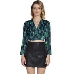 Peacock Pattern Long Sleeve Tie Back Satin Wrap Top