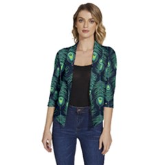 Peacock Pattern Women s Draped Front 3/4 Sleeve Shawl Collar Jacket