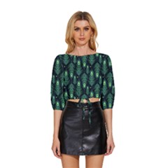 Peacock Pattern Mid Sleeve Drawstring Hem Top