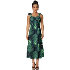 Peacock Pattern Tie-Strap Tiered Midi Chiffon Dress