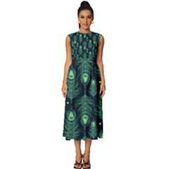 Peacock Pattern Sleeveless Round Neck Midi Dress