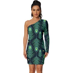 Peacock Pattern Long Sleeve One Shoulder Mini Dress