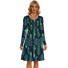 Peacock Pattern Long Sleeve Dress With Pocket