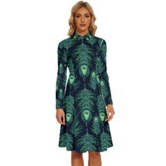 Peacock Pattern Long Sleeve Shirt Collar A-Line Dress