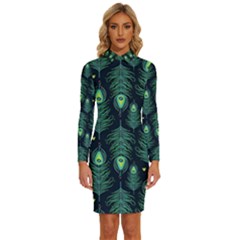 Peacock Pattern Long Sleeve Shirt Collar Bodycon Dress