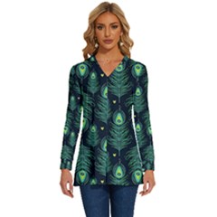 Peacock Pattern Long Sleeve Drawstring Hooded Top