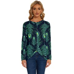 Peacock Pattern Long Sleeve Crew Neck Pullover Top