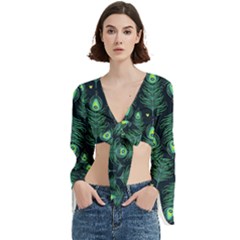 Peacock Pattern Trumpet Sleeve Cropped Top