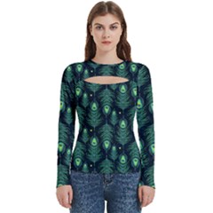 Peacock Pattern Women s Cut Out Long Sleeve T-Shirt