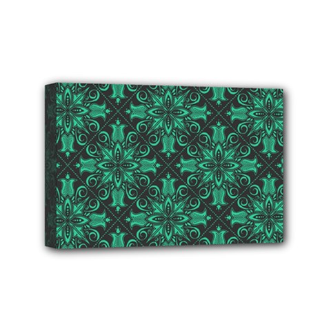 Green Damask Pattern Vintage Floral Pattern, Green Vintage Mini Canvas 6  X 4  (stretched) by nateshop