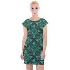 Green Damask Pattern Vintage Floral Pattern, Green Vintage Cap Sleeve Bodycon Dress