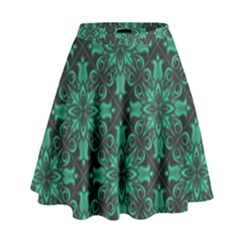 Green Damask Pattern Vintage Floral Pattern, Green Vintage High Waist Skirt