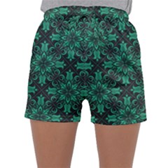 Green Damask Pattern Vintage Floral Pattern, Green Vintage Sleepwear Shorts
