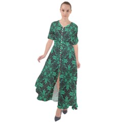 Green Damask Pattern Vintage Floral Pattern, Green Vintage Waist Tie Boho Maxi Dress