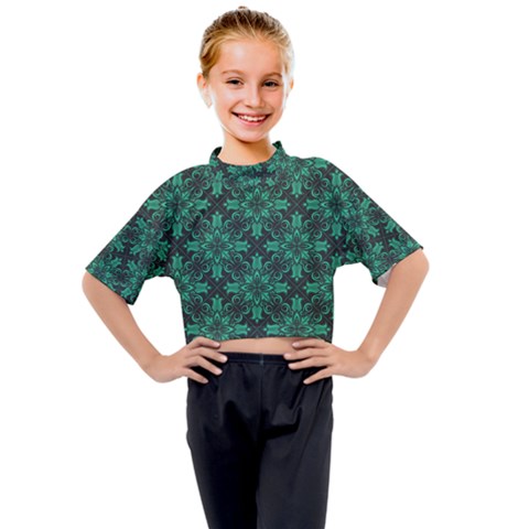 Green Damask Pattern Vintage Floral Pattern, Green Vintage Kids Mock Neck T-shirt by nateshop