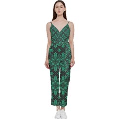 Green Damask Pattern Vintage Floral Pattern, Green Vintage V-neck Camisole Jumpsuit