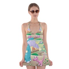 Kids Mural Cartoon Dinosaur Halter Dress Swimsuit  by nateshop