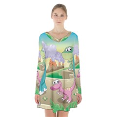 Kids Mural Cartoon Dinosaur Long Sleeve Velvet V-neck Dress by nateshop