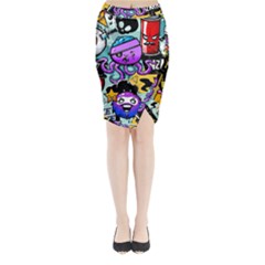 Cartoon Graffiti, Art, Black, Colorful Midi Wrap Pencil Skirt by nateshop