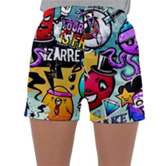 Cartoon Graffiti, Art, Black, Colorful Sleepwear Shorts