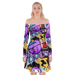 Cartoon Graffiti, Art, Black, Colorful Off Shoulder Skater Dress by nateshop