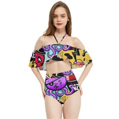 Cartoon Graffiti, Art, Black, Colorful Halter Flowy Bikini Set  by nateshop