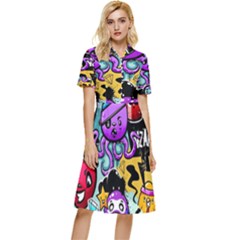 Cartoon Graffiti, Art, Black, Colorful Button Top Knee Length Dress by nateshop