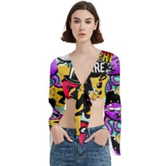 Cartoon Graffiti, Art, Black, Colorful Trumpet Sleeve Cropped Top