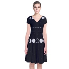 Moon Phases, Eclipse, Black Short Sleeve Front Wrap Dress