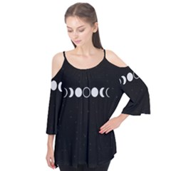 Moon Phases, Eclipse, Black Flutter Sleeve T-Shirt 