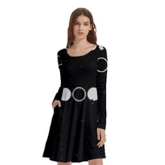 Moon Phases, Eclipse, Black Long Sleeve Knee Length Skater Dress With Pockets by nateshop