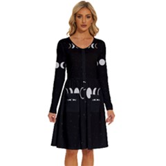 Moon Phases, Eclipse, Black Long Sleeve Dress With Pocket